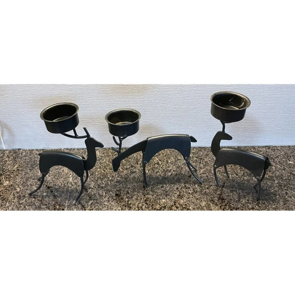 Holiday Christmas Winter 3 Iron Reindeer Tea Light Candle Holders Decoration - Picture 1 of 5